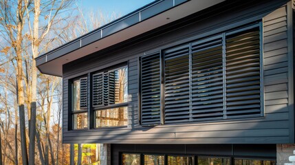 contemporary home with Bahama shutters in a striking black matte finish, against a wooded backdrop