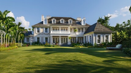 Fototapeta premium colonial mansion with elegant white Bahama shutters, surrounded by a vast, manicured lawn