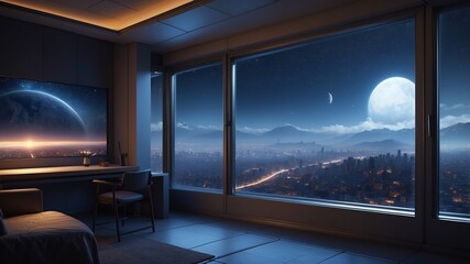 Fototapeta premium View outside the window at night, room with large windows, house with large windows, room with little light, view at night