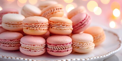 Fototapeta premium Delightful French Macarons on Elegant Plate with Bokeh Lights in Background
