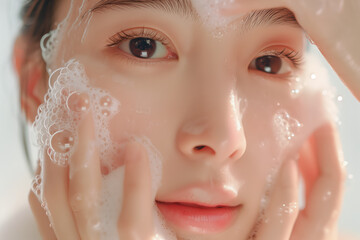 Tranquil Scene: South Korean Woman Applying Aloe Vera Extract Foam to Cleanse Face