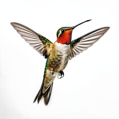 Obraz premium hummingbird on a branch, A Captivating Portrait of a Hummingbird on a White Background, Highlighting Its Graceful Movements and Elegant Form