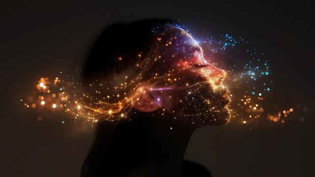 Silhouette of a woman's head against a dark background, filled with vibrant cosmic elements. Colorful nebulae, stars, and energy streams flow from her mind.