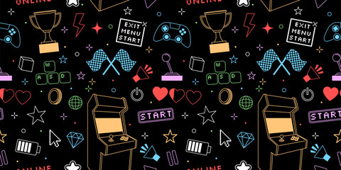 Game pattern seamless. Gamer kid. Graphic control joystick. Tee shirt repeated print. Arcade gamepad and race flags. Computer cursor and playing keypad buttons. Retro line icons. Vector background © Natalia
