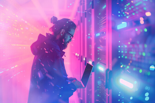 Futuristic CTO with laptop, surrounded by digital streams and server racks. Soft pastel background.