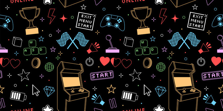 Game pattern seamless. Gamer kid. Graphic control joystick. Tee shirt repeated print. Arcade gamepad and race flags. Computer cursor and playing keypad buttons. Retro line icons. Vector background