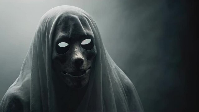 A ghostly figure with glowing eyes and a white cloak stands in a dark, foggy environment. Copy space halloween background