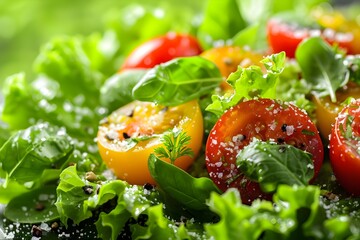 salad with tomatoes. Fresh Tomato Basil Salad Water Droplets Closeup
