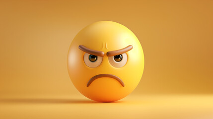 A yellow angry emoji with a frown, 3D rendered illustration, on a solid background, in the minimalistic style. 
