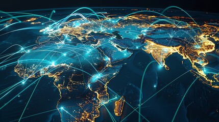 Global map with oil flow lines and financial data, oil economy, international trade