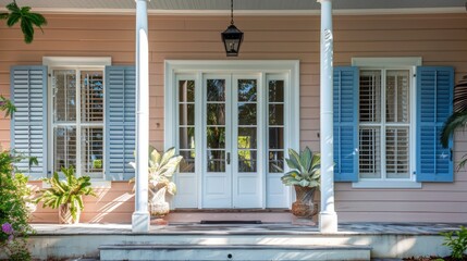 country estate with vintage blue Bahama shutters, echoing the traditional rural style