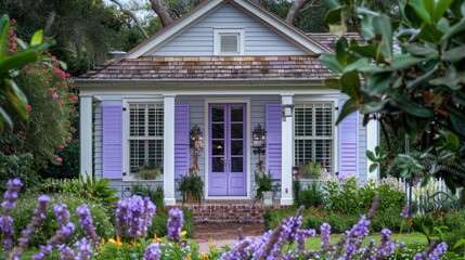 country home with soft lavender Bahama shutters, surrounded by blooming gardens