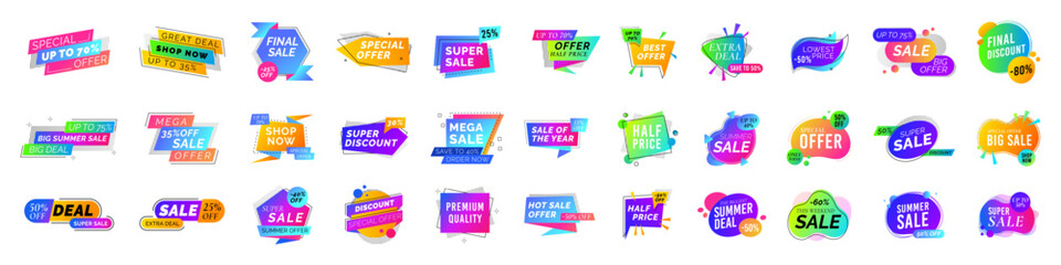 Tag sale set, shop label collection. Banner badge, price offer discount icon. Promotion special sticker. Stamp round and square, seal colorful minimal design, ribbon template. Vector buy garish coupon