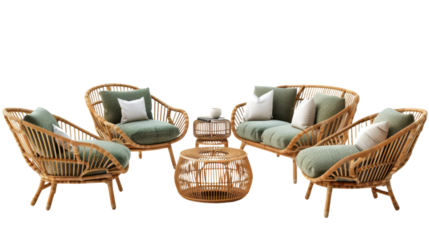 Set of scandinavian outdoor garden rattan couches armchairs on transparent background