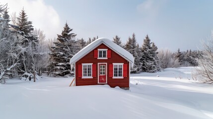 cozy winter lodge with crimson red Bahama shutters, nestled in a snowy landscape