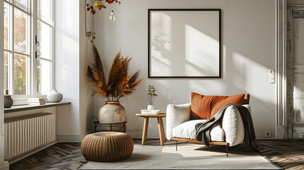 Stylish Scandinavian composition of living room with design armchair black mock-up poster frame commode wooden stool book decoration loft wall
