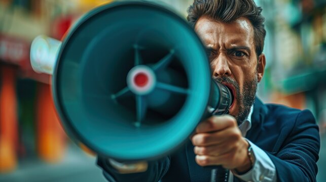 Portrait of a determined business person passionately using a megaphone, with a confident grip on the device. The solid color background adds to the dramatic effect, highlighting the urgency and