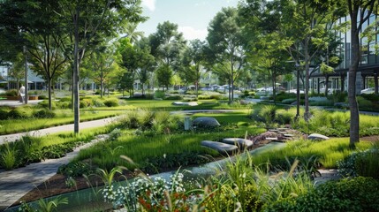 A sprawling urban green space with bioswales and permeable pavements to manage stormwater.