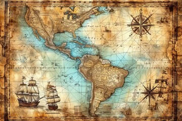 Antique old map of the caribbean sea islands and compass with vintage worn parchment grunge brown paper background