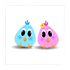 couple of twin cute baby chicks cartoon characters isolated on white background, Newborn little chicken girl and boy kids couple and friends