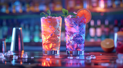 Still Life, Mardi Gras themed cocktails, close-up shot, bar counter, party night, vivid bar lights.