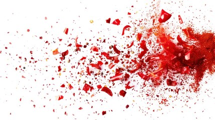 Distribution of red chilli powder and diced pieces of chilli.