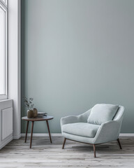 Minimalist living room interiors in turquoise color with minimal furniture and natural lighting.Interiors design composition concept image.