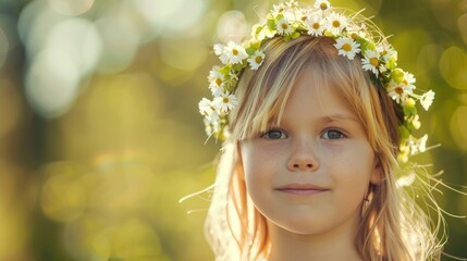 Fototapeta premium Adorable Swedish girl child Blonde in the sunlight Daisy Wreath summer solstice festival
