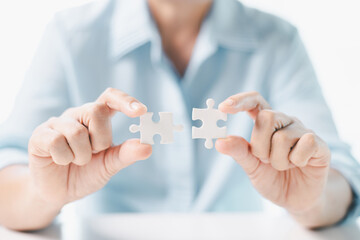 Team with piece of jigsaw puzzle as critical component of business strategy, understanding teamwork and collaboration were essential for achieving success and realizing concept of well-executed plan.