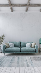 Obraz premium Minimalist living room interiors in turquoise color with minimal furniture and natural lighting.Interiors design composition concept image.