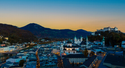 Fototapeta premium The night city view with blue night sky with historic city of salzburg ,Austria