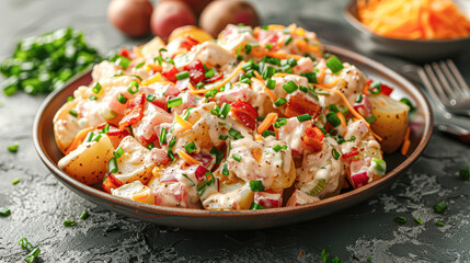 A plate of potato salad with bacon and cheese