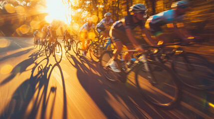 A group of cyclists in professional gear race on the road in close-up golden hour light in the style of professional photography