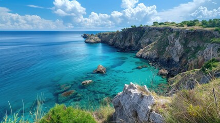 Fototapeta premium A stunning coastal view with a secluded cove, turquoise waters, and rugged cliffs.