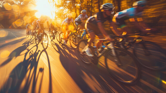A group of cyclists in professional gear race on the road in close-up golden hour light in the style of professional photography