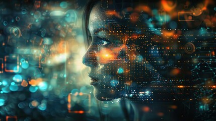 Naklejka premium Complex face image of digital ethical background by AI