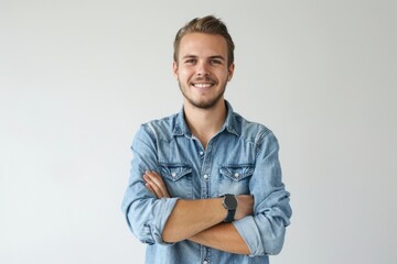 Fototapeta premium Smiling young man in denim shirt with smart watch