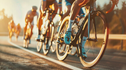 A group of cyclists in professional gear race on the road in close-up golden hour light in the style of professional photography