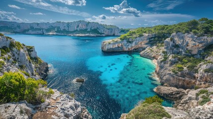 Obraz premium A stunning coastal view with a secluded cove, turquoise waters, and rugged cliffs.