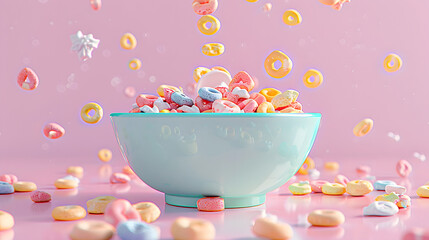 Pastel creative food concept of delicious breakfast or snack, delicious cereal in milk. Cereals for a healthy and tasty start to the day. 