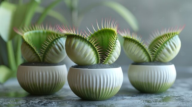 Three venus flytrap plants in white ceramic pots, close-up