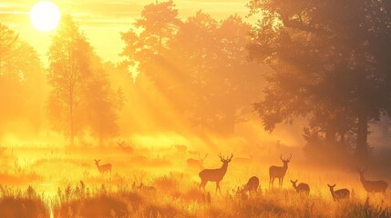 A herd of deer are grazing in a field with the sun shining through the trees