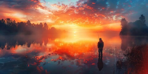 Obraz premium Tranquil Sunrise Fishing on a Misty Lake with Reflective Waters and Vivid Skies