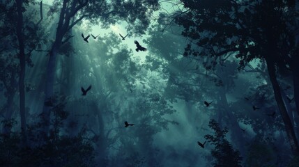 A forest scene with birds flying in the sky