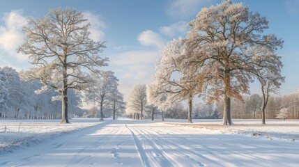 A snowy road with trees in the background