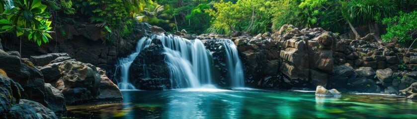 Fototapeta premium A beautiful waterfall with a lush green forest in the background