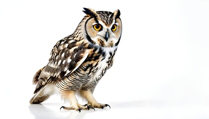 Obraz premium A Captivating Portrait of an Owl on a White Background, Highlighting Its Graceful Feathers and Mystical Aura, eurasian eagle owl