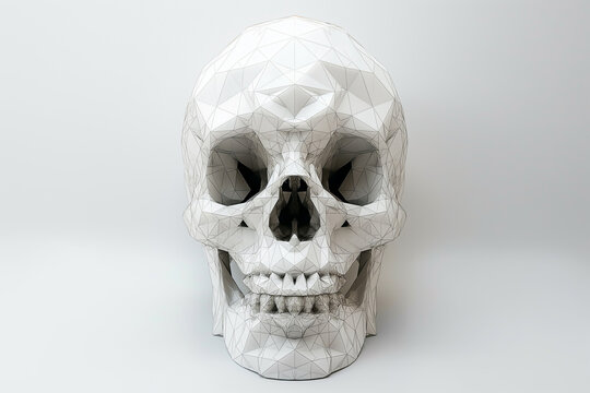 Low polygon model of white human skull on white background.
