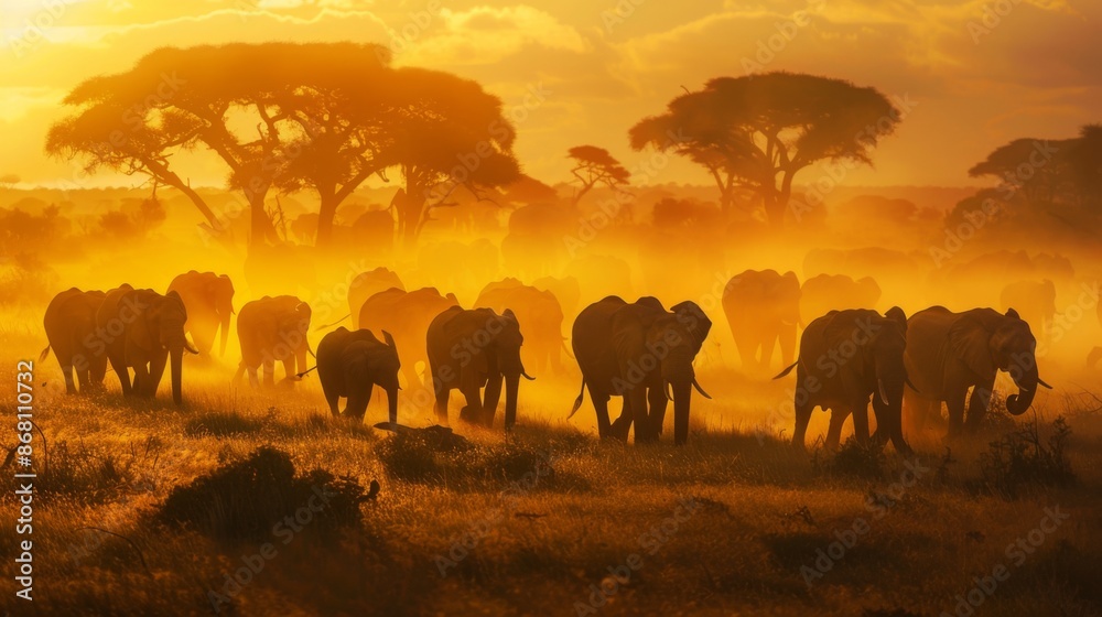 Wall mural A herd of elephants walking through a field of tall grass