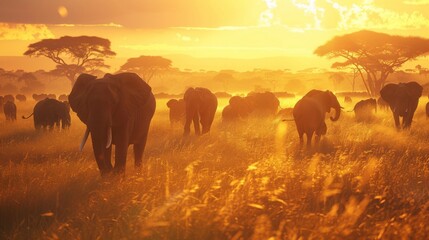 Fototapeta premium A herd of elephants walking through a field of tall grass
